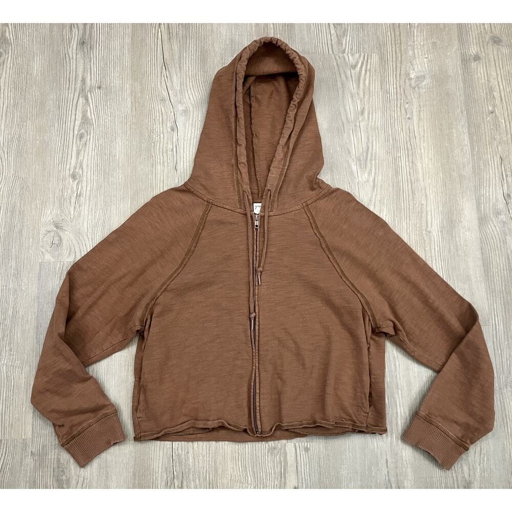 PINK Victoria’s Secret Full Zip Cropped Hoodie Brown Raw Edge Hem Women’s Size M